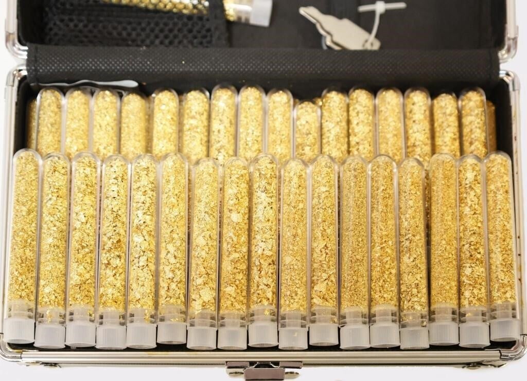 24K GOLD FLAKE VIALS W/ CASE - (54): Fifty-four 24K gold flake vials w/ case. Weight: 2.32 Grams Condition: See images for details.