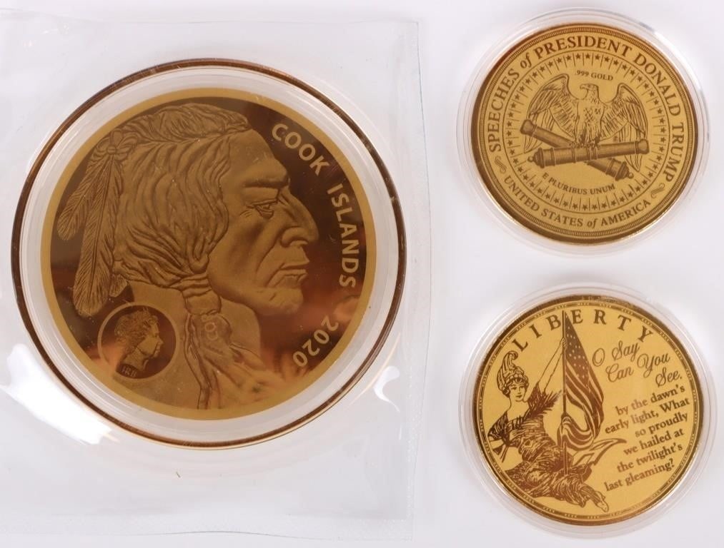 ASSORTED PURE GOLD THIN UNITED STATES COINAGE -(3): Assorted pure gold thin United States coinage to include one 2020 Cook Islands Gold Buffalo $25 thin 1.2 gram gold coin, one Star-Spangled Banner fine gold thin 1/200 oz gold coin, and one Speeches of
