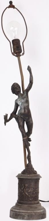 FORTUNA SPELTER STATUE LAMP AFTER GIAMBOLOGNA: Antique spelter bronze statuary lamp of "Fortuna" (classical goddess of fortune) modeled after a similar piece by the Renaissance sculptor Giambologna. 5.6 lbs. Size: 33 x 5.5 x 5.5" Condition: Wear c