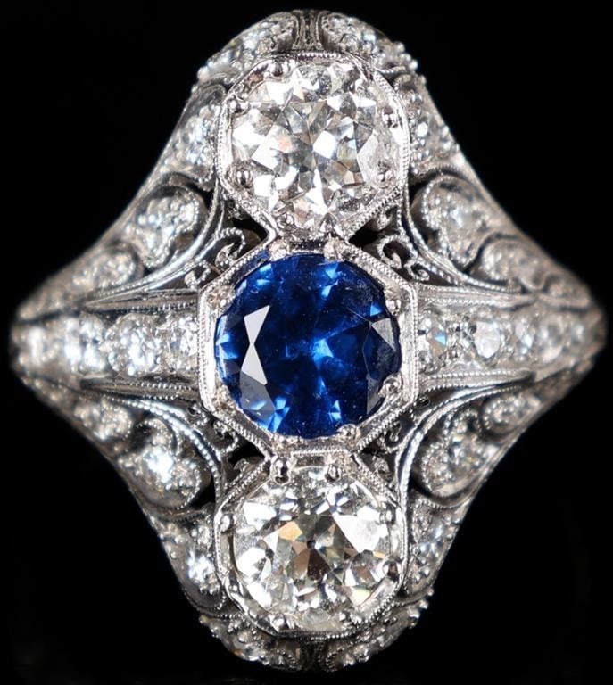 1.68CTW NATURAL DIA & SPINEL PLAT. ART DECO RING: 1.68CTW natural diamond and spinel platinum Art Deco ladies antique ring with two 0.50ct round VS natural (F-H color) diamonds, one 0.75ct blue round spinel, six 0.05ct round diamonds, four 0.03ct rou