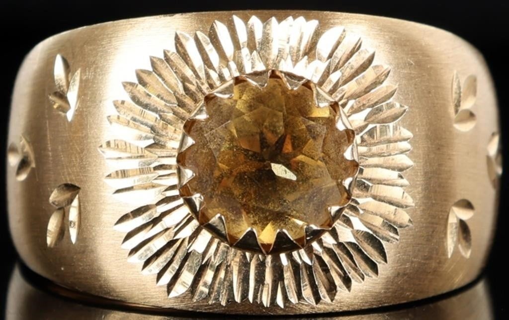 14K YELLOW GOLD CITRINE FLORAL CARVED LADIES RING: 14K yellow gold citrine floral carved ladies ring. Gemstones to include one 2.00ct round cut citrine. Stone Type: Citrine Weight: 4.55 Grams Size: 10.00 U.S. Condition: Little to no wear, see images f