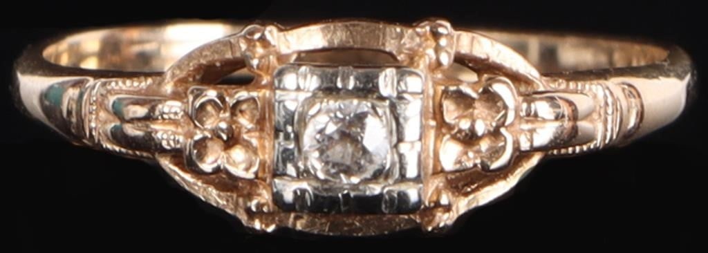 PETITE 14K YELLOW GOLD LADIES RING W/ DIAMOND: Petite 14k yellow gold ladies ring with a 0.05ct round-cut center diamond. The area around the diamond is white gold. Stone Type: Diamond Weight: 1.62 grams Size: US 6.25 Condition: See pictures.