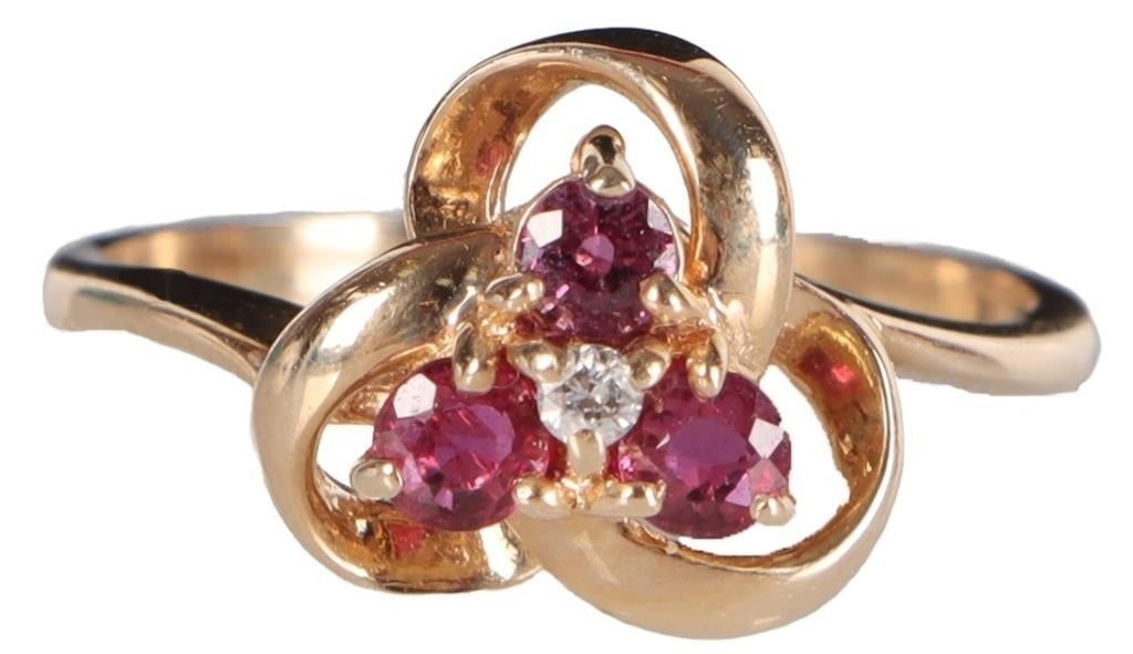 14K YELLOW GOLD LADIES RING WITH ROSE TOPAZ & DIA: 14k yellow gold ladies ring with a 0.02ct round-cut center diamond surrounded by three 0.05ct round-cut rose topaz accessory gemstones. Stone Type: Diamond & Rose Topaz Weight: 2.18 Size: US 4.75 Cond