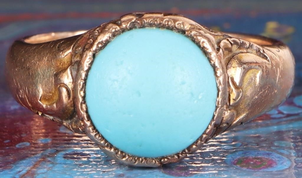 14K YELLOW GOLD DREAM TURQUOISE LADIES RING: 14K yellow gold dream turquoise ladies ring. Gemstones to include one 9.52mm round cabochon dream turquoise. Stone Type: Turquoise Weight: 7.71 Grams Size: 8.25 U.S. Condition: Some wear, see images f