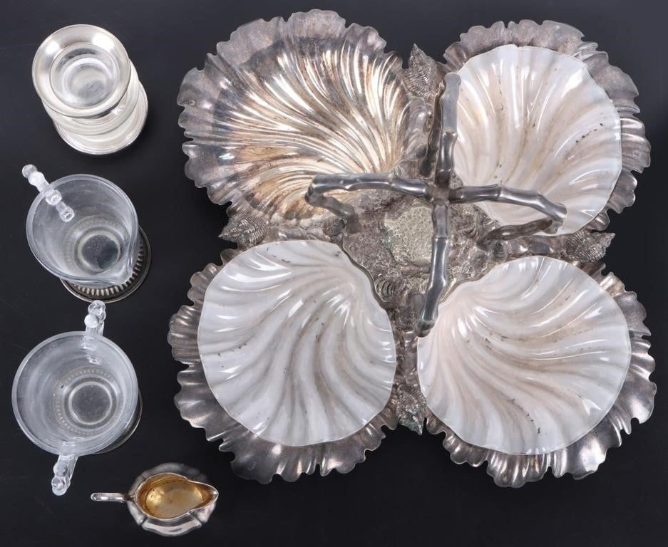 MIXED STERLING SILVER & SILVERPLATE ANTIQUES: Mixed sterling silver and silver-plated antique collectible dinner wear. This lot includes one silver plated large Hors d'oeuvres tray with only three of four link glass inserts, one small sterling si