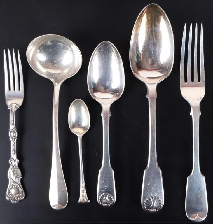 FRANCIS HIGGINS STERLING SILVER UTENSILS LOT OF 6: Francis Higgins sterling silver utensils lot of 6 to include one dinner spoon, one sugar spoon, one dinner fork, one serving spoon, one small ladle, and one salad fork. Weight: 351.30 Grams Size: 4.50