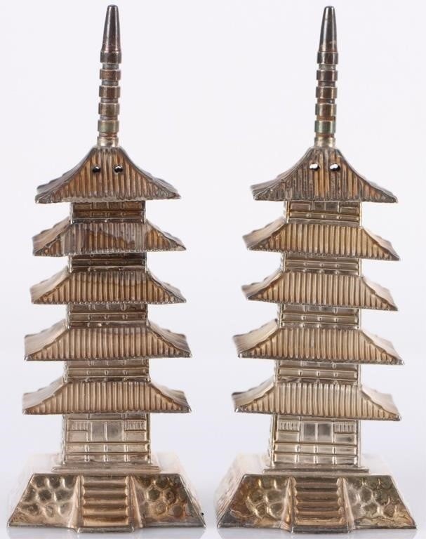 ANTIQUE STERLING SILVER JAPANESE PAGODA SHAKERS: Antique set of 950 sterling silver Japanese pagoda salt & pepper shakers. Weight: 59.49 grams total Size: 3.25 x 1.25 x 1.25" each Condition: Wear commensurate with age, see picture for more detail.