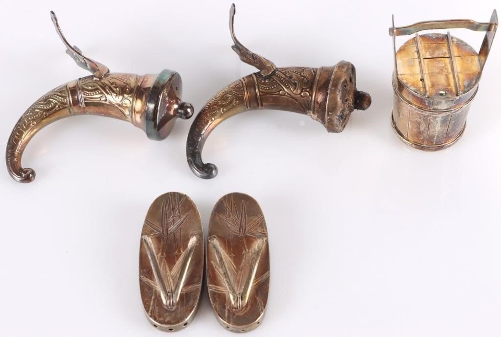 ANTIQUE FOREIGN STERLING SALT & PEPPER SHAKERS-2.5: Lot of two-and-a-half pairs of antique sterling silver salt & pepper shakers, to include a pair of Viking drinking horns from Norway (2.5 x 2.25 x 1.25" each), a pair of Japanese geta sandals (2 x 0.7