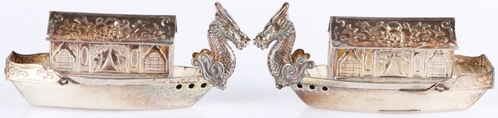 ANTIQUE STERLING SILVER DRAGON HOUSE BOAT SHAKERS: Pair of antique 950 sterling silver Japanese dragon house boat salt & pepper shakers. Weight: 34.68 grams total Size: 2.75 x 1 x 0.75" each Condition: Wear commensurate with age, see pictures for more