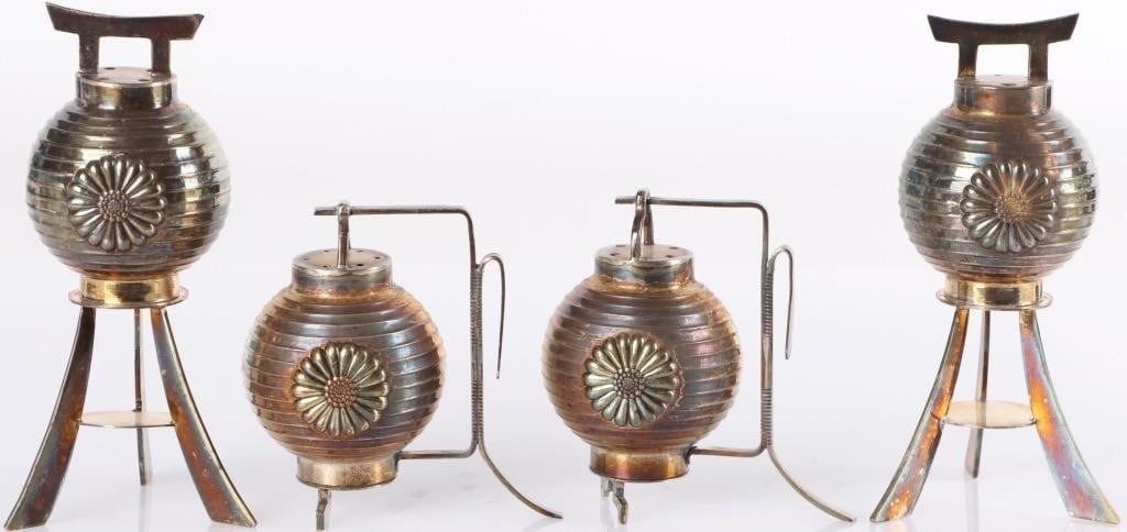 ANTIQUE STERLING SILVER JAPANESE LANTERN SHAKERS-2: Lot of two sets of antique 950 sterling silver Japanese paper lantern salt & pepper shakers, each one of which features the imperial chrysanthemum. One pair are floor lanterns while the other pair are