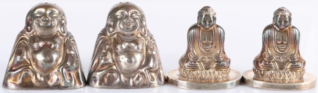 ANTIQUE 950 STERLING SILVER BUDDHA SHAKERS (2): Lot of two pairs of antique 950 sterling silver Buddha-themed salt & pepper shakers, to include one pair which depicts the traditional Buddha and another pair which depicts the Laughing Buddha. Weight