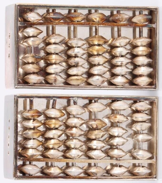 ANTIQUE STERLING SILVER ABACUS SALT/PEPPER SHAKERS: Pair of antique sterling silver abacus salt & pepper shakers. The beads can move on their rods. Weight: 74.28 grams total Size: 1.75 x 1 x 0.25" each Condition: Wear commensurate with age, see picture