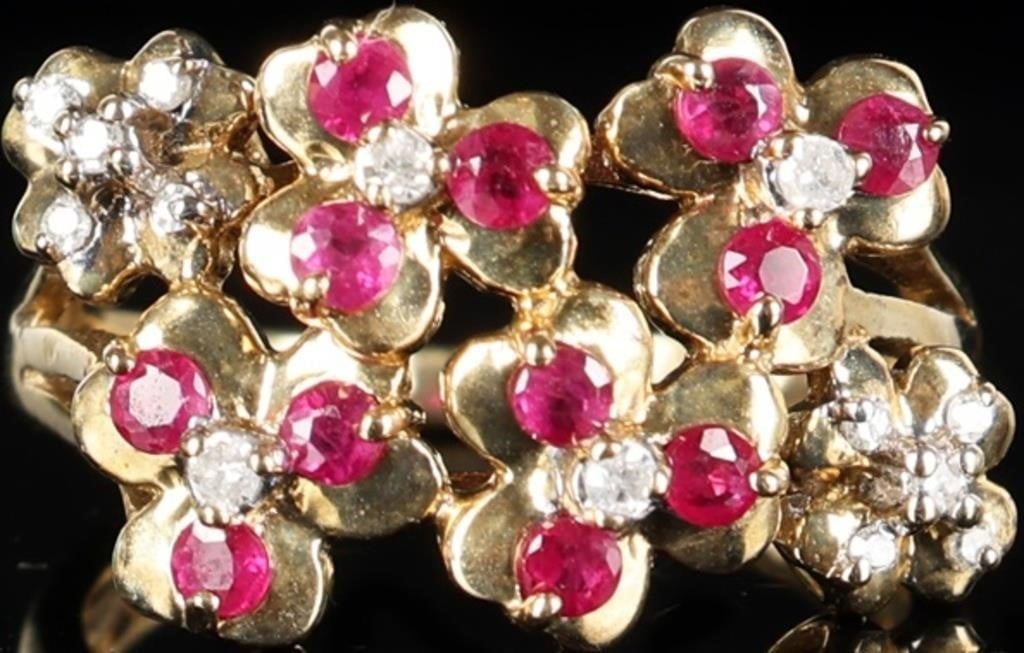 10K YELLOW GOLD PINK RUBY DIAMOND LADIES RING (1 of 5)
