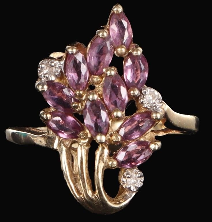 10K YELLOW GOLD LADIES RING ROSE TOPAZ & DIAMONDS: 10k yellow gold ladies ring with ten 0.05ct marquise-cut rose topaz gemstones and three 0.01ct round-cut diamonds clustered about the face like a bouquet of flowers. Stone Type: Diamonds & Rose Topaz 
