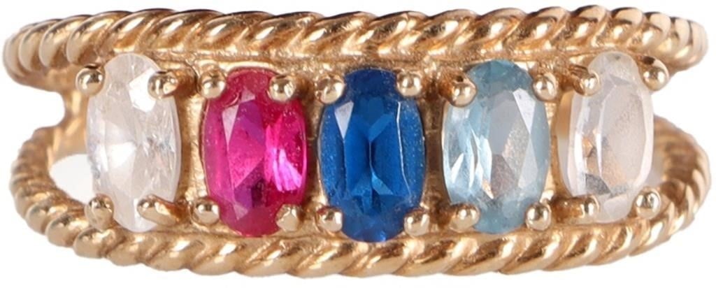 10K YELLOW GOLD LADIES RING W/ MULTICOLOR SPINEL: 10k yellow gold ladies ring with five 0.2ct oval-cut spinel gemstones of different colors (cloudy white, pale blue, blue, red, and bright white). The band about the face splits into two ropework secti