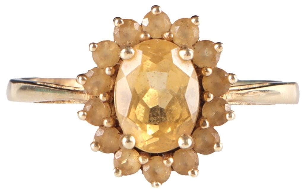 10K YELLOW GOLD LADIES RING W/ SPINEL GEMSTONES: 10k yellow gold ladies ring with a 0.75ct oval-cut spinel center gemstone surrounded by fourteen 0.04ct round-cut spinel accessory gemstones. Stone Type: Spinel Weight: 2.48 grams Size: US 9.25 Condit