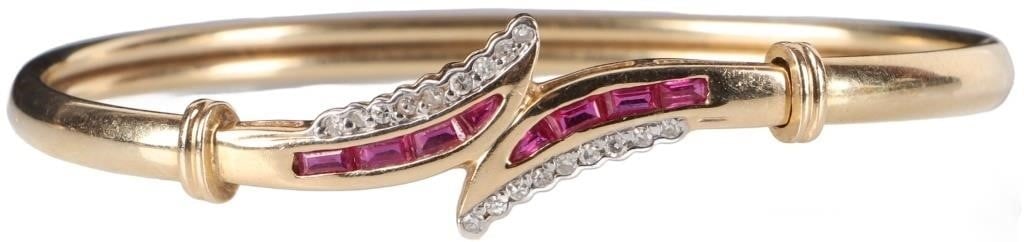 14K YELLOW GOLD RUBY DIAMOND LADIES BANGLE (1 of 5)
