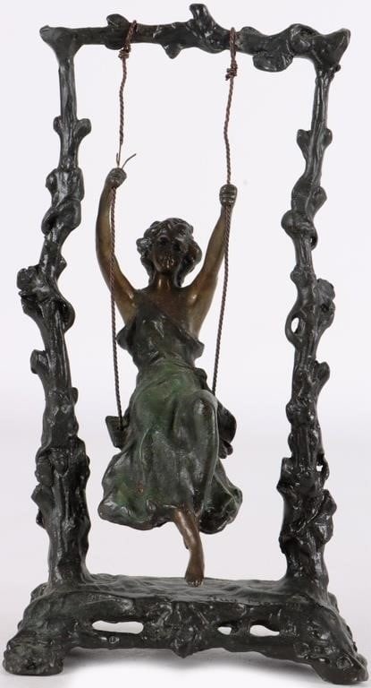 AUGUSTE MOREAU GIRL ON SWING BRONZE SCULPTURE: "Girl on a Swing", vintage bronze sculpture by Auguste Moreau, a prolific 19th century artist. The piece depicts a young woman on a swing, which is suspended by copper wire so as to allow the figure t