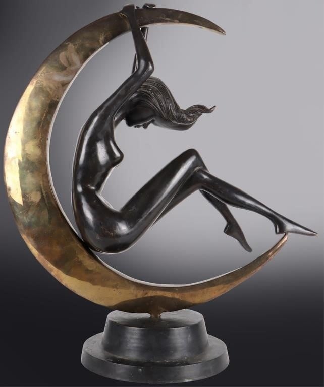 ART DECO BRONZE LUNAR GODDESS SCULPTURE: Vintage Art Deco Bronze Sculpture. To feature woman hanging by arms from a crescent moon. Piece includes three gorgeously polished parts that balance together. Size: 24" X 21" X 9" Condition: Very fin
