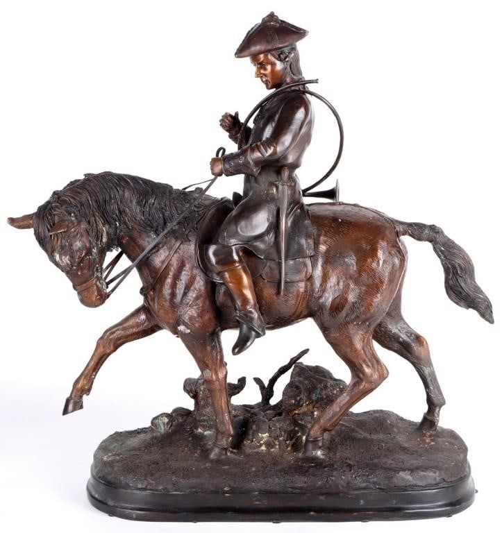 EDWARD BERGE SOLDIER ON HORSEBACK BRONZE STATUE: Edward Berge (1876-1924, American) bronze soldier on horseback with detachable horn. Edward Henry Berge was an American sculptor. He is mainly known for his bronze monumental works and figures, create