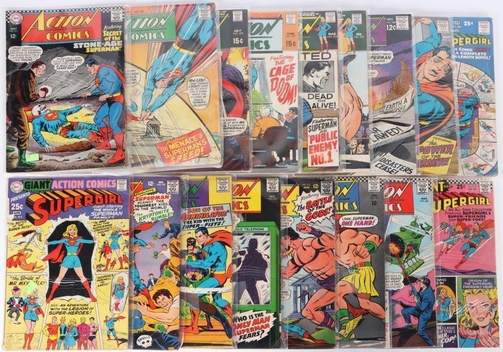 ACTION COMICS SUPERMAN SILVER AGE NEAL ADAMS (16): Lot of sixteen Silver Age Action Comics issues, to include issues # 347 (reprint of Superman #140), 348, 350, 351, 353, 355, 356 (first Neal Adams art for Action Comics), 357 (cameo by LBJ), 360, 362 