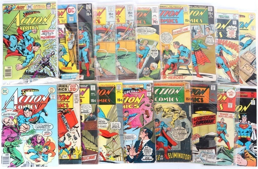 ACTION COMICS SUPERMAN SILVER/BRONZE AGE (19): Lot of nineteen Action Comics from the Silver/Bronze Ages, do include issues # 379, 380, 381, 382, 385, 386, 387, 389 (two copies), 391, 414, 417, 444, 450, 464, 465, 457, 469, and 498. Condition: See
