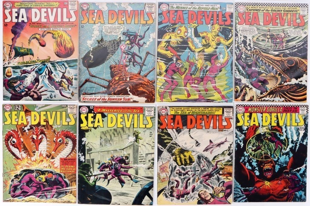 SEA DEVILS SILVER AGE DC COMICS HIGH GRADE (8): Lot of eight Sea Devils comics, to include issues #6, 10. 11, 13, 15, 20, 29, and 30. All issues in this Silver Age collection are High grade. Condition: See pictures. Comic books DC Silver Age (1956-