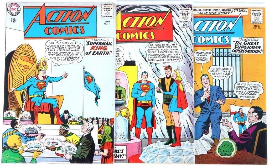 HIGH GRADE ACTION COMICS ISSUES 306, 307 & 311: High grade Action Comics issues 306, 307 and issue 311 are in this lot. Condition: HIGH GRADE. See images for complete condition. Comic books DC Silver Age (1956-1970) Raw Book(s)