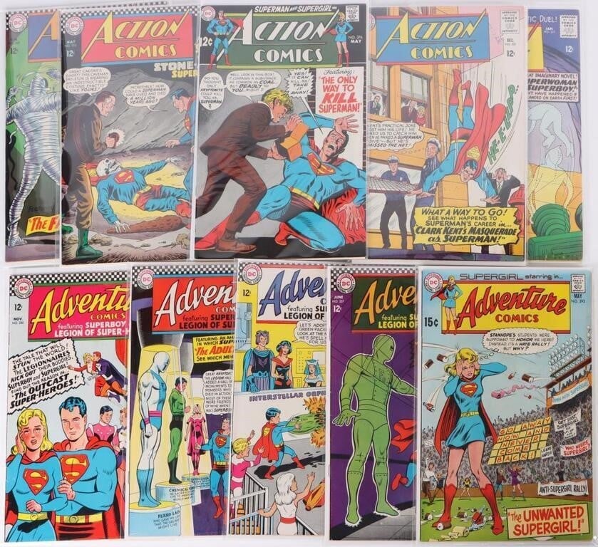 ADVENTURE & ACTION COMICS SILVER AGE DC VF (10): Lot of ten Silver Age Adventure Comics and Action Comics, to include Adventure Comics issues # 350 (first appearance of The Hag, later revealed to be the White Witch), 354, 356, 357, and 393, and Acti