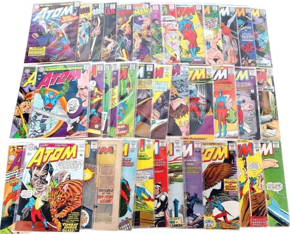 THE ATOM 1ST CHRONOS MAJOR MYNAH GENT GHOST (38): Mega-lot of Silver Age Atom comics, to include issues #3 (first appearance and origin of Chronos), 4-10, 11 (missing cover), 12, 14-18, 20-22, 24-26 (first appearance of the Bug-Eyed Bandit), 27-29 (f
