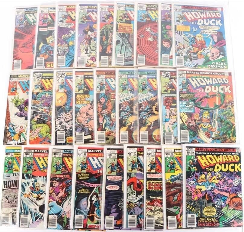 HOWARD THE DUCK ISSUES #2-28 MARVEL BRONZE AGE: Lot of 27 Marvel Howard the Duck comics from the original Bronze Age series, to include issues # 2-7 (two copies), 8-12 (first cameo appearance of KISS), 13 (first full appearance of the rock band KIS