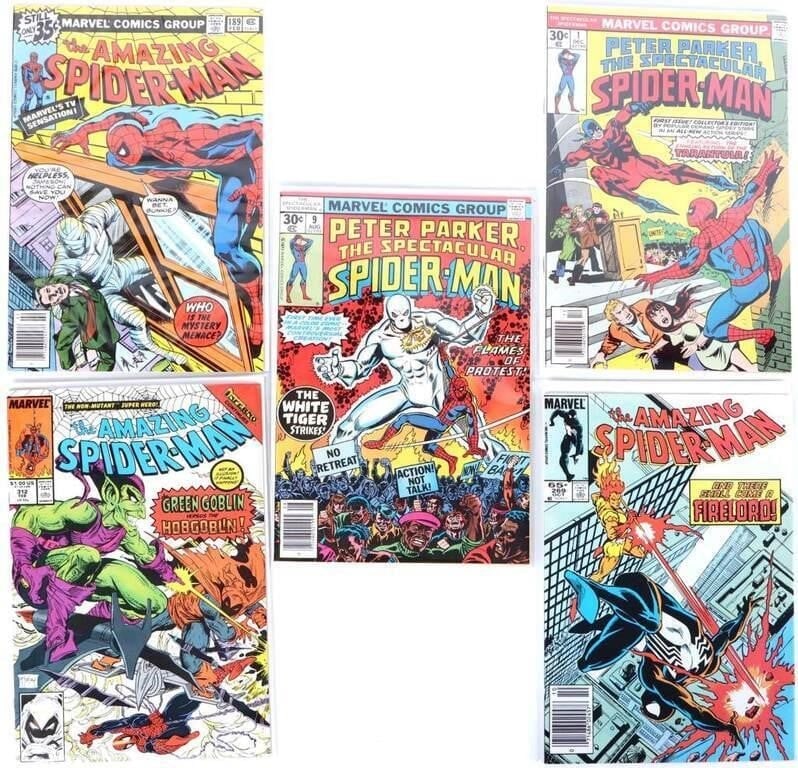 AMAZING/SPECTACULAR SPIDER-MAN COMICS VF/NM (5): Lot of five Bronze/Modern Age Spider-Man comics, to include Peter Parker, The Spectacular Spider-Man #1 (first spin-off Spider-Man series) and #9 (first appearance of White Tiger, Marvel's first Hispa