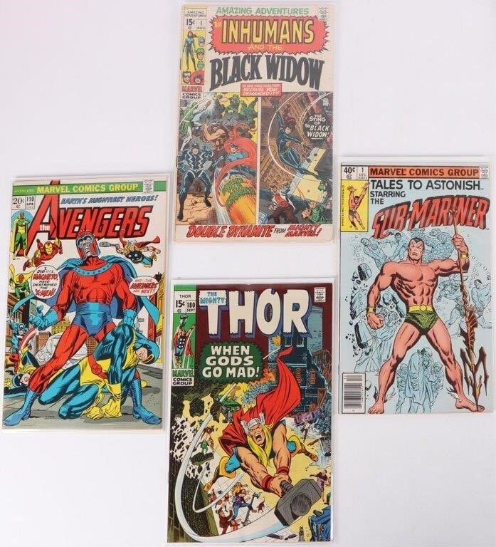 MARVEL BRONZE AGE COMICS THOR AVENGERS WIDOW (4): Lot of four Bronze Age Marvel comics, to include Avengers #110, Thor #180, Tales to Astonish Vol. 2 #1 (reprint of Sub Mariner #1), and Amazing Adventures #1 (first cover appearance of Black Widow's c