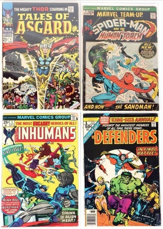 MARVEL #1 ISSUES TEAM-UP INHUMANS ASGARD DEFENDERS: Lot of four Bronze Age Marvel comics, to include Inhumans #1, Marvel Team-Up #1 (first appearance of Misty Knight, later retconned), Defenders Annual #1, Tales of Asgard #1. Condition: See pictures. C