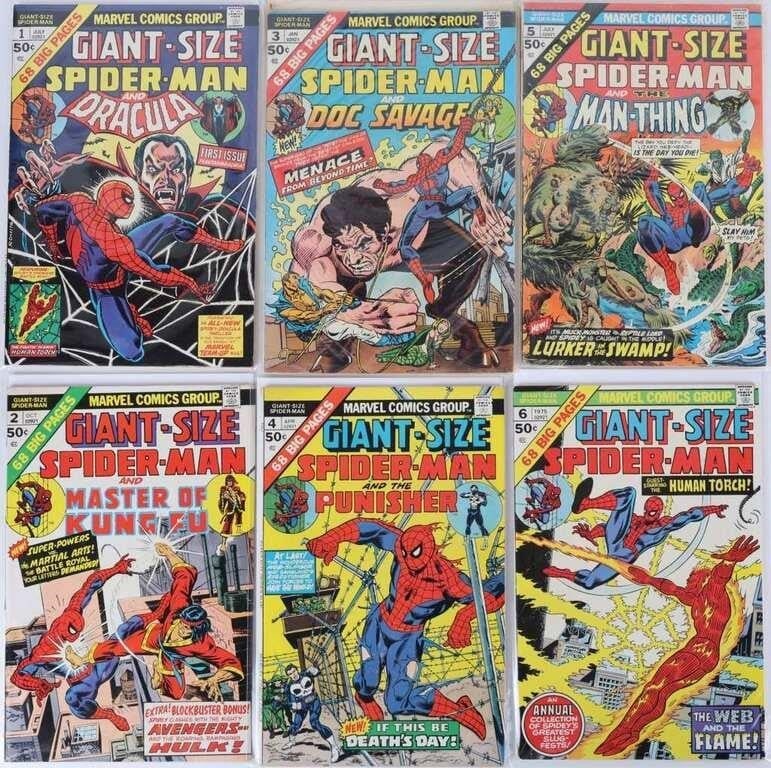 GIANT-SIZE SPIDER-MAN COMPLETE SERIES #1-6 HIGH GR: Giant-Size Spider-Man issues #1, 2 (first appearance of Shang-Chi outside of a Kung-Fu comic), 3, 4 (fourth appearance of The Punisher, first appearance of the Punisher's battle van, and first appeara