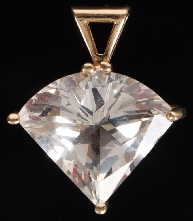 14K YELLOW GOLD PENDANT W/ LARGE FAN-CUT TOPAZ: 14k yellow gold pendant with a large (14.65 x 12.35 x 7.6mm) fan-cut bright topaz gemstone. Stone Type: Topaz Weight: 3.24 grams Size: 20.7 x 17.42 x 8.64 mm Condition: See pictures.