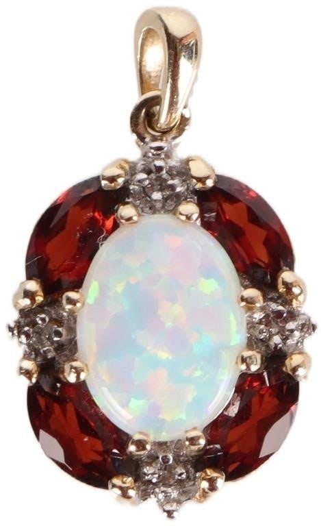 10K YELLOW GOLD LADIES PENDANT W/ OPAL GARNET DIAS: 10k yellow gold ladies pendant with a 8.13 x 6.15mm opal center stone surrounded by three 0.03ct marquise-cut garnet accessory stones and four 0.01ct melee diamonds. Stone Type: Diamonds, Garnet, & Op