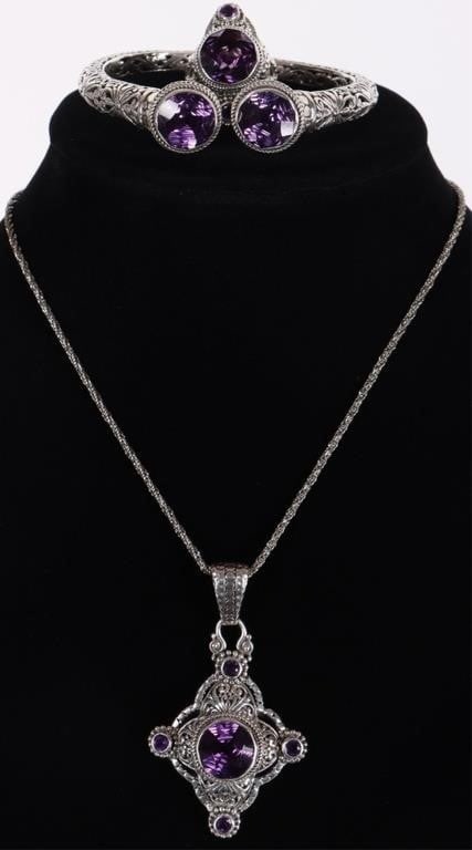 ORNATE SW STYLE 925 LADIES RING NECKLACE PENDANT-3: Southwest style sterling silver ladies ornate jewelry lot of 3. Lot includes one bracelet with two 12.5ct round-cut purple spinel gemstones, a ring with one 12.5ct round-cut purple spinel gemstone and