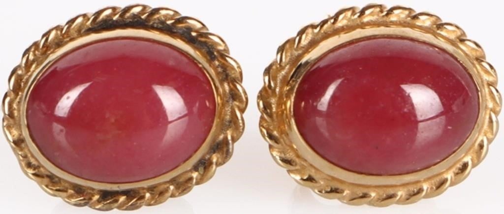 14K CABOCHON RASBERRY PINK GLASS STUD EARRINGS: 14K cabochon raspberry pink glass ladies stud earrings. The earrings are stamped Carla. Condition: Gently used see images for complete condition.
