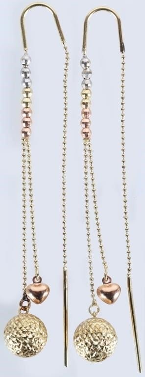 14K YELLOW GOLD LADIES DANGLE EARRINGS W/ BAUBLES: Pair of 14k yellow gold ladies dangle earrings. Each piece features two dangling elements, one with a large beveled gold bauble at the end and another with a rose gold heart at the end. Each hang from