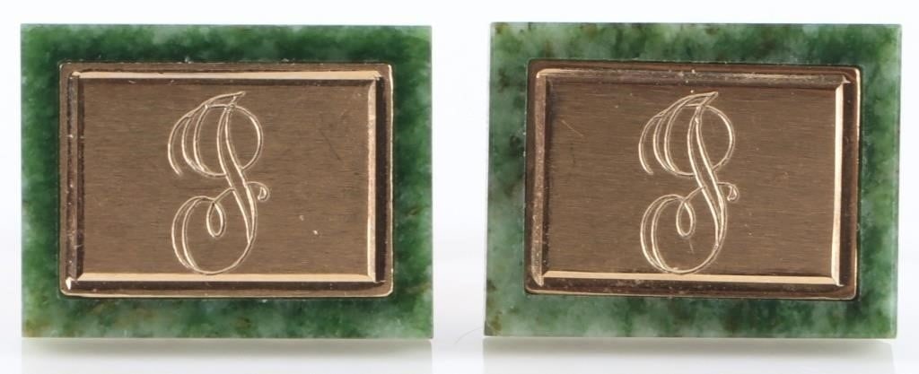 14K YELLOW GOLD MENS CUFFLINKS W/ GREEN GRANITE: 14k yellow gold mens cufflinks with a green granite core. The gold face is stamped with an initial, possibly 'J' or 'G'. Stone Type: Granite Weight: 17.74 grams Size: 21mm Condition: See pictures.