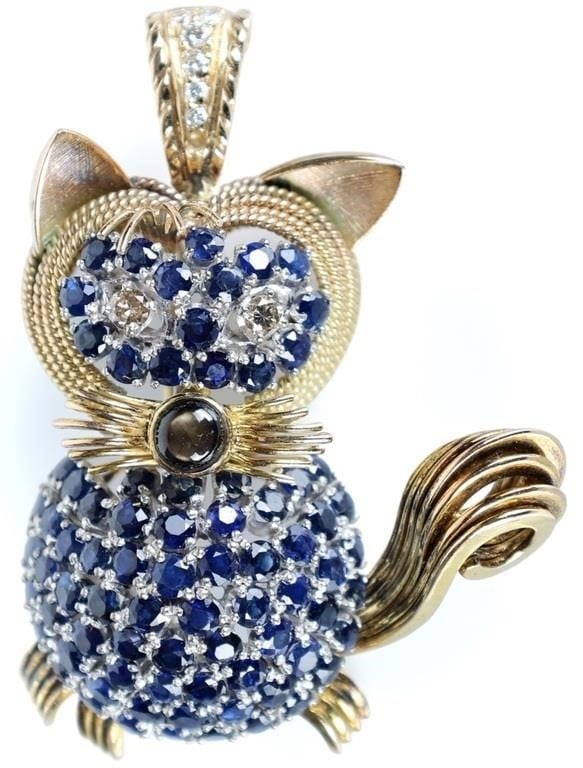 STUNNING 14K SAPPHIRE & DIAMOND CAT BROOCH (1 of 4)