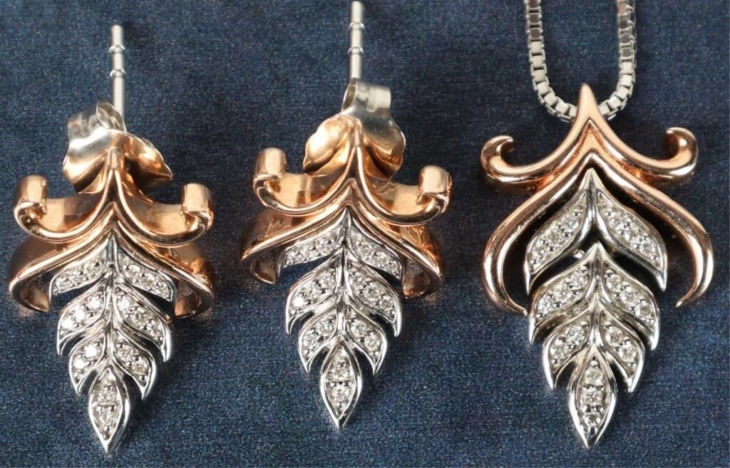 10K ROSE GOLD & STERLING SILVER DISNEY JEWELRY SET: 10K rose gold and sterling silver Disney Anna earring and necklace set featuring a leaf motif pendant with rose gold accents and fifty seven 0.01CT round cut diamonds set in sterling silver Stone Type