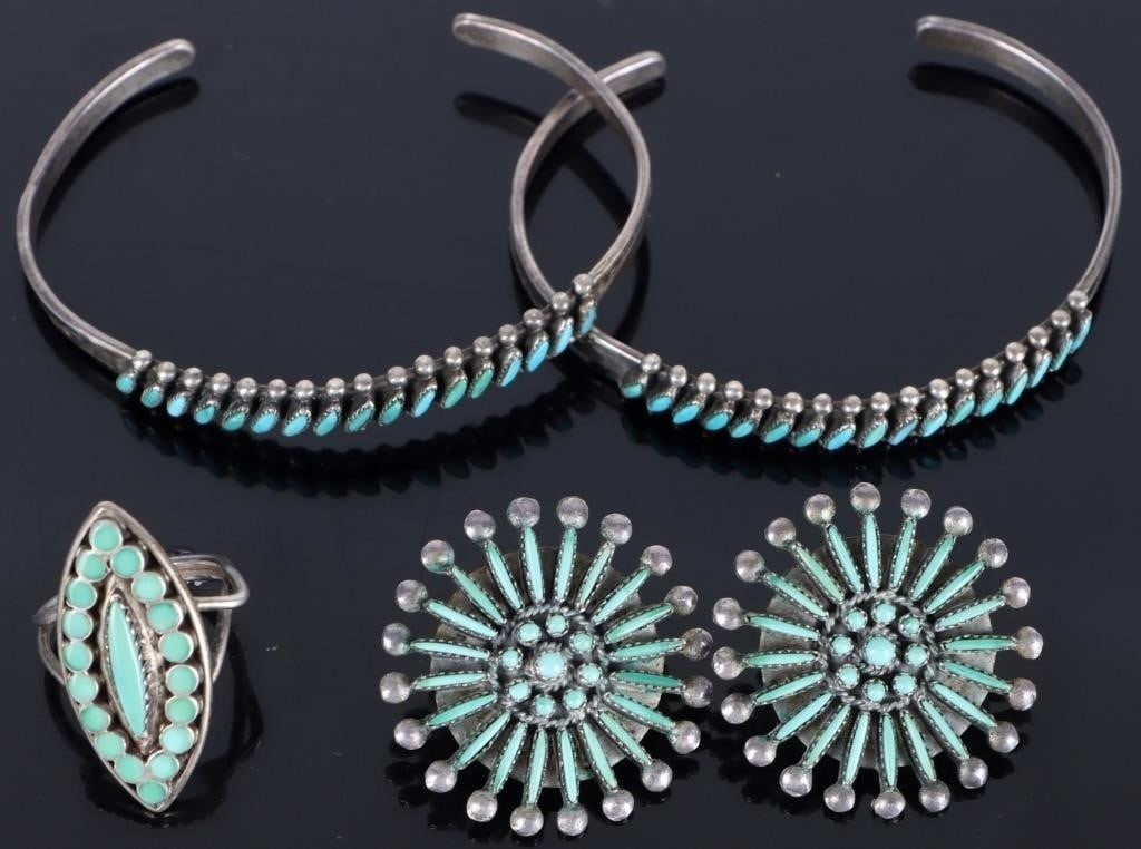 SW STYLE 925 BRACELETS EARRINGS & RING W/ TURQ (4): Lot of four Southwest Style sterling silver ladies jewelry, to include a pair of earrings molded in a sunburst pattern and covered in turquoise (30mm diameter each), a ring with a vesica-shaped face c