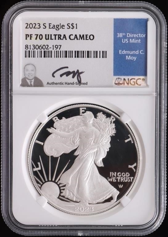 2023 S FINE SILVER U.S. EAGLE PF-70 UC NGC SIGNED: 2023 S 1 Troy ounce fine silver American Eagle PF-70 Ultra Cameo NGC signed by the 38th Director of the U.S. Mint Edmund C. Moy. Weight: 31.101 Grams Condition: NGC Proof-70 Ultra Cameo.