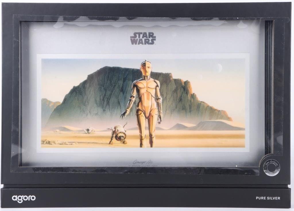 2026 FINE SILVER $2 1OZ FOIL C-3PO & R2-D2 AGORO: 2026 fine silver $2 one Troy ounce foil C-3PO & R2-D2 Agoro Concept Art limited 0672/1000 enclosed in original boxing. Weight: 31.104 Grams Condition: Mint State condition.