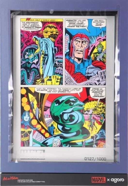 2026 FINE SILVER 1OZ FOIL FANTASTIC FOUR #102: 2026 fine silver 1 Troy ounce foil Fantastic Four #102 Marvel X Agoro Art In Motion limited 0127/1000 enclosed in original boxing. Weight: 31.104 Grams Condition: Mint State condition.