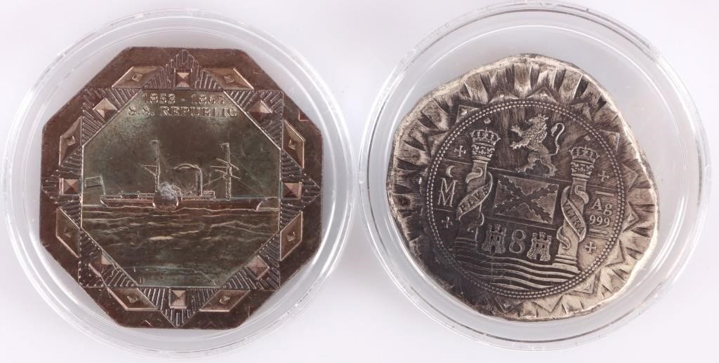 FINE SILVER SHIPWRECK COIN D. CARR RESTRIKES - (2): Two fine silver shipwreck coin Daniel Carr restrikes to include one Atocha 8 Reales restrike and one S.S. Republic 1853 O restrike. Weight: 62.208 Grams Condition: Mint State uncirculated.