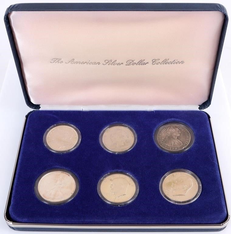 ASSORTED SILVER COINAGE COLLECTION: Assorted silver coinage collection to include one 1796 Spanish 8 Reales, one Morgan, Peace, American Eagle, Eisenhower and Bicentennial Dollar. Weight: 160.241 Grams Condition: Ranges from Good to