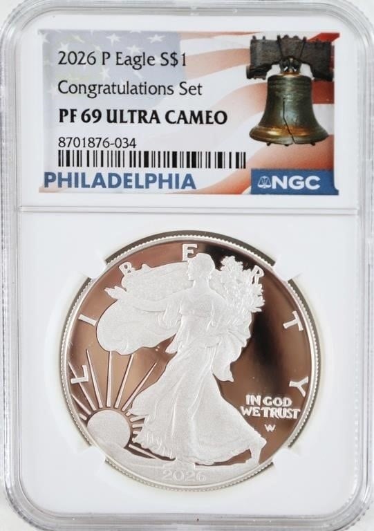 2026 SILVER PEACE DOLLAR PF69 ULTRA CAMEO CONGRATS: 2026 Silver Eagle $1 dollar coin graded and slabbed by NGC as PF 69 Ultra Cameo. Part of the Congratulations Set. Weight: 1 OZ Condition: See pictures.